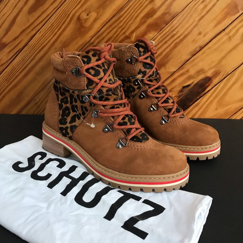 SCHUTZ Keida Leopard Calf Hair Hiking Boots